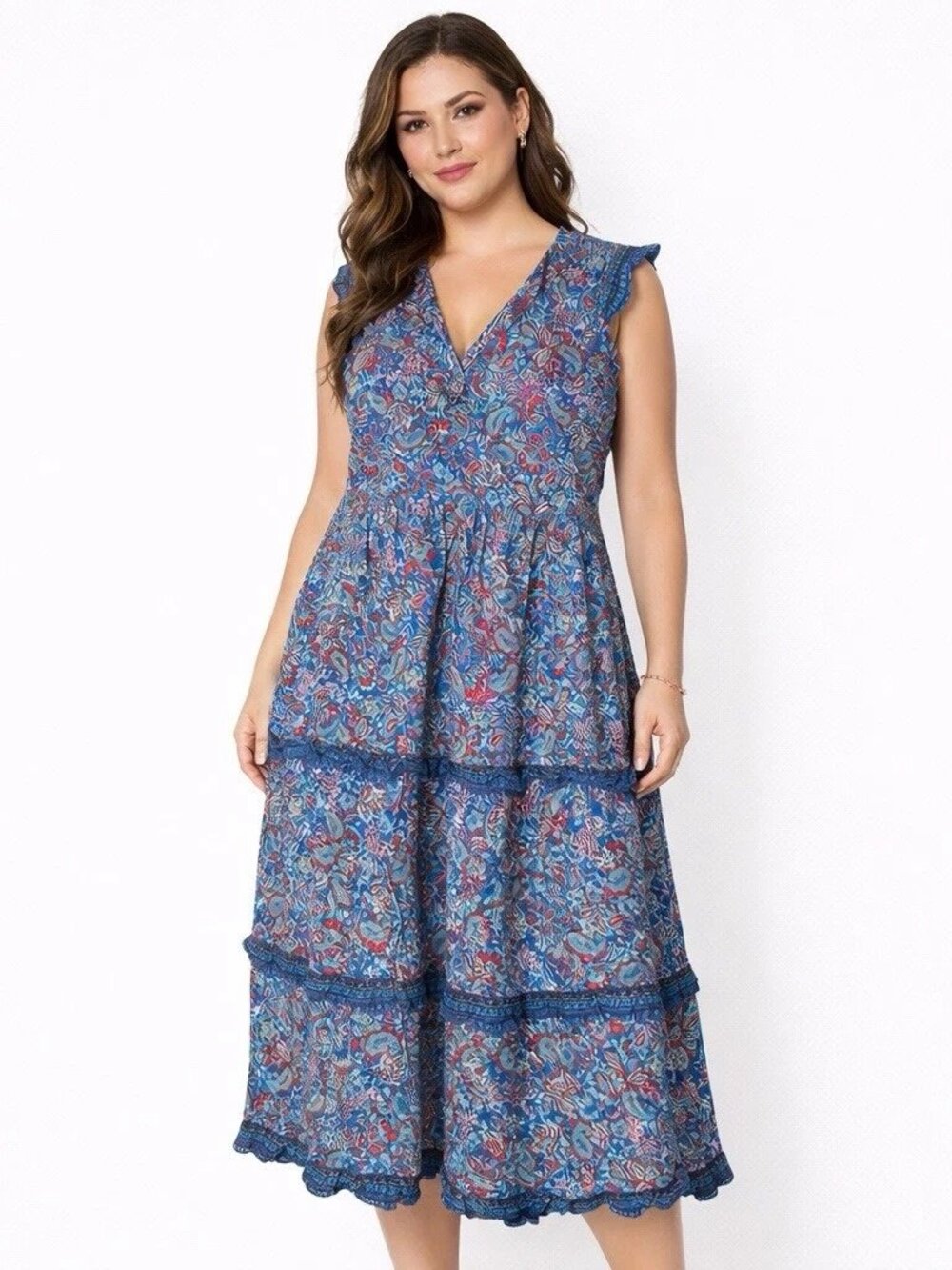 J Jill Dress Womens XL Blue Paisley Tiered Maxi Rayon Boho Sleeveless Pockets